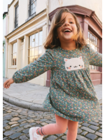 Deux Par Deux Deux Par Deux, Cat Applique Organic Cotton Printed Dress || Green Floral Print