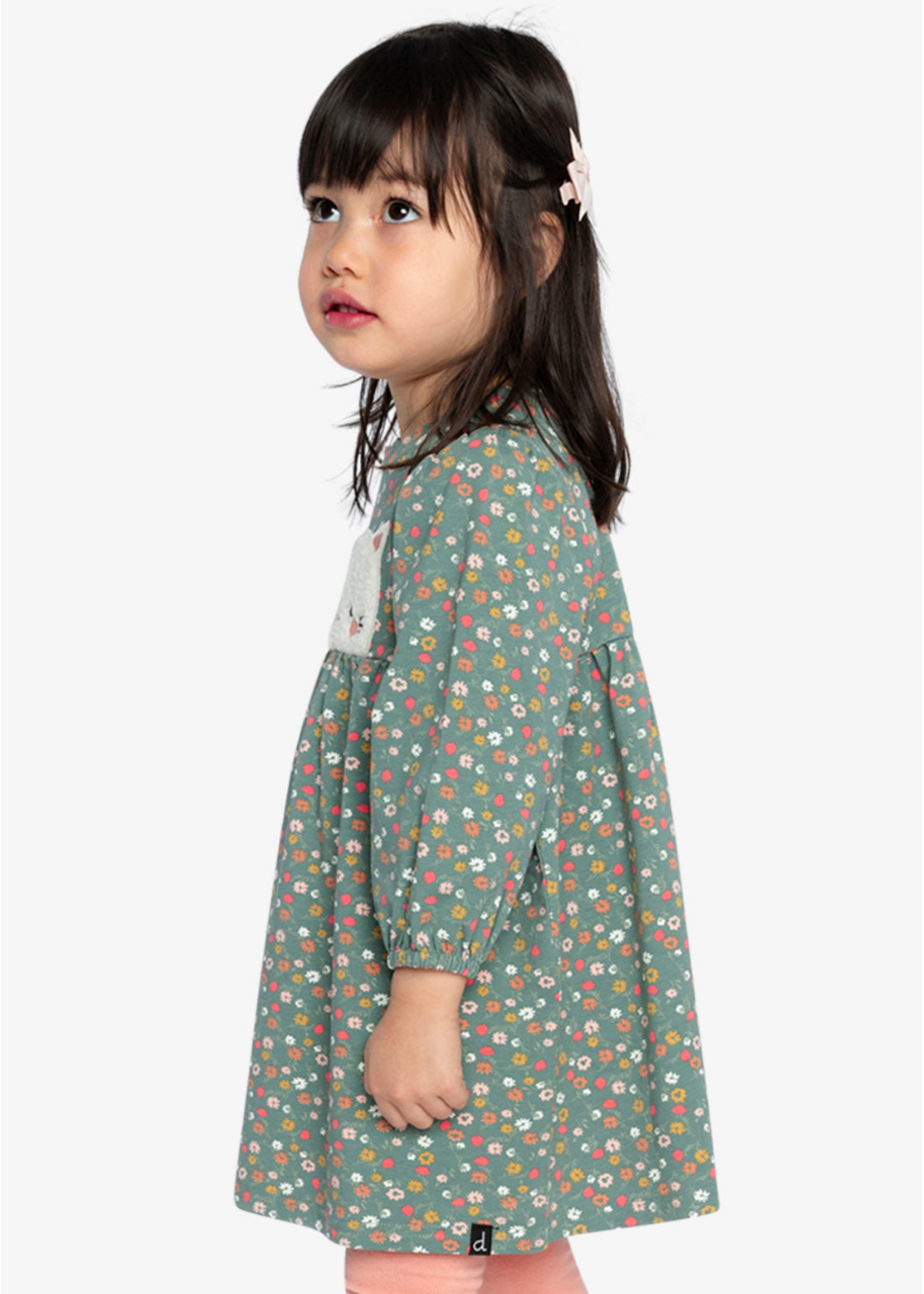 Deux Par Deux Deux Par Deux, Cat Applique Organic Cotton Printed Dress || Green Floral Print