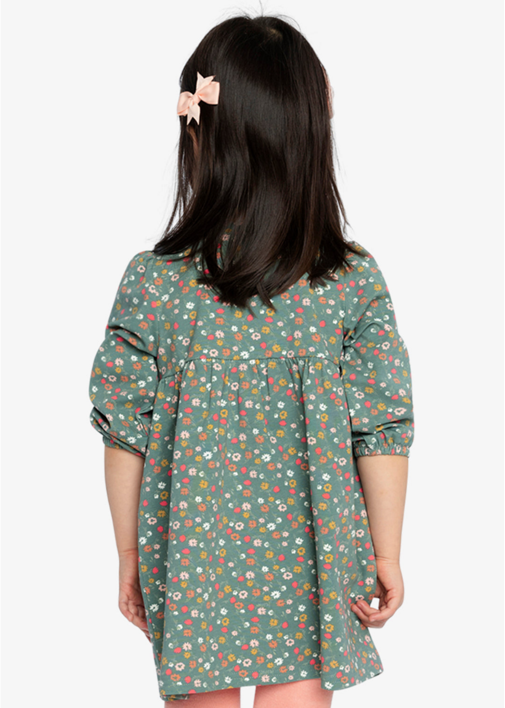 Deux Par Deux Deux Par Deux, Cat Applique Organic Cotton Printed Dress || Green Floral Print