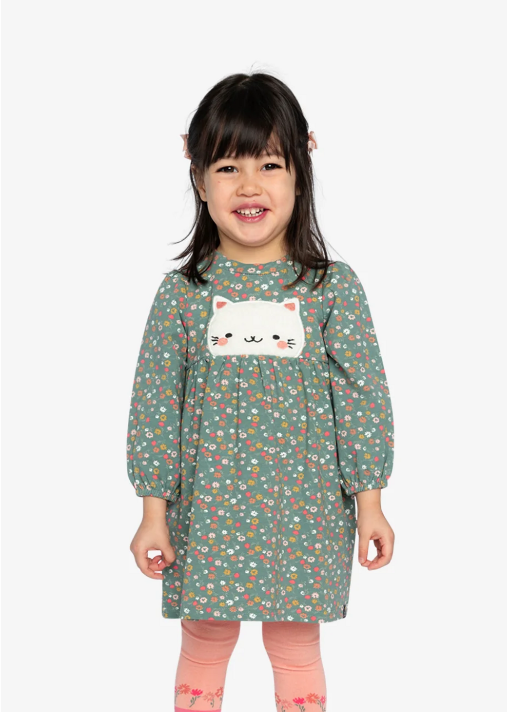 Deux Par Deux Deux Par Deux, Cat Applique Organic Cotton Printed Dress || Green Floral Print