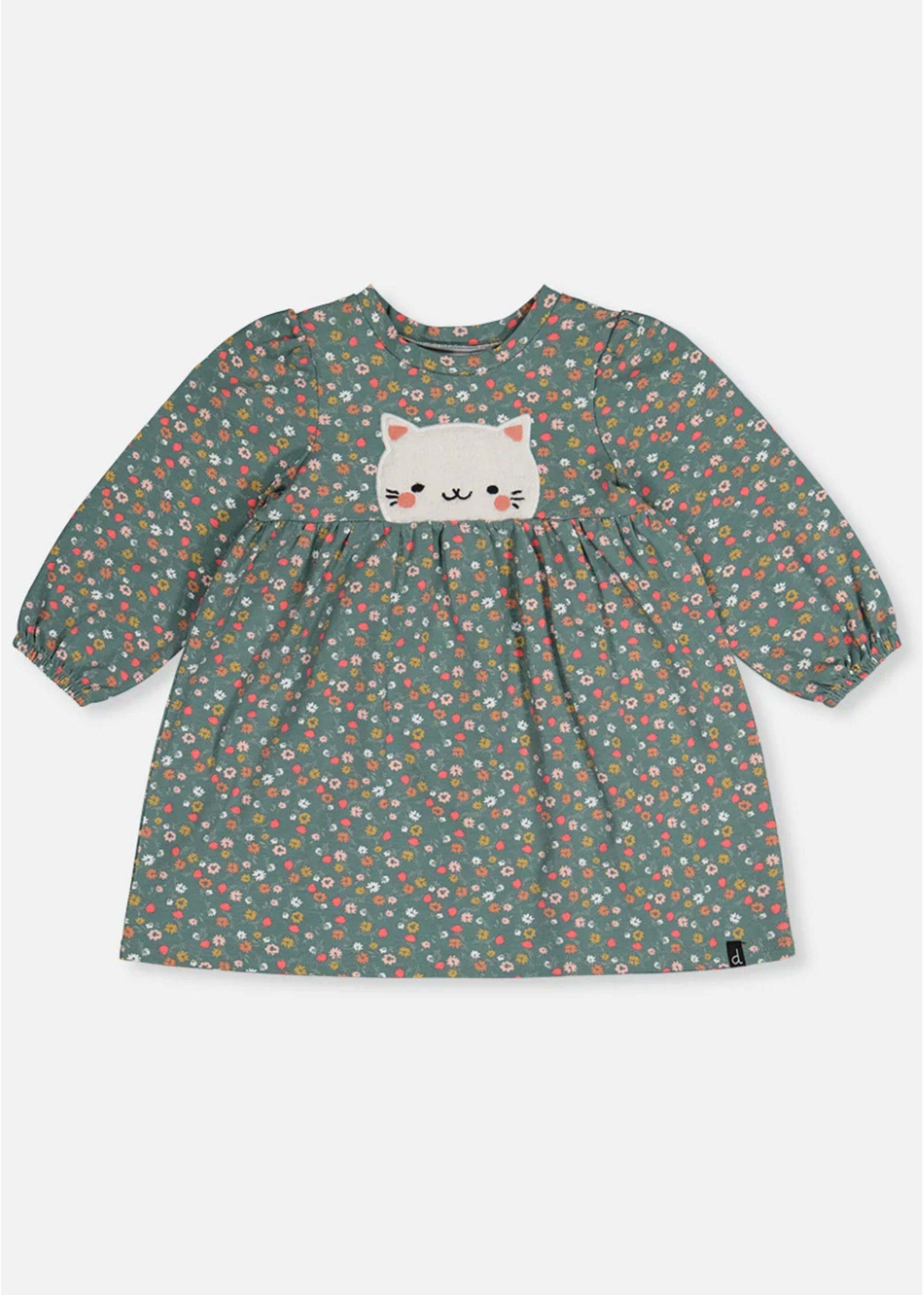 Deux Par Deux Deux Par Deux, Cat Applique Organic Cotton Printed Dress || Green Floral Print