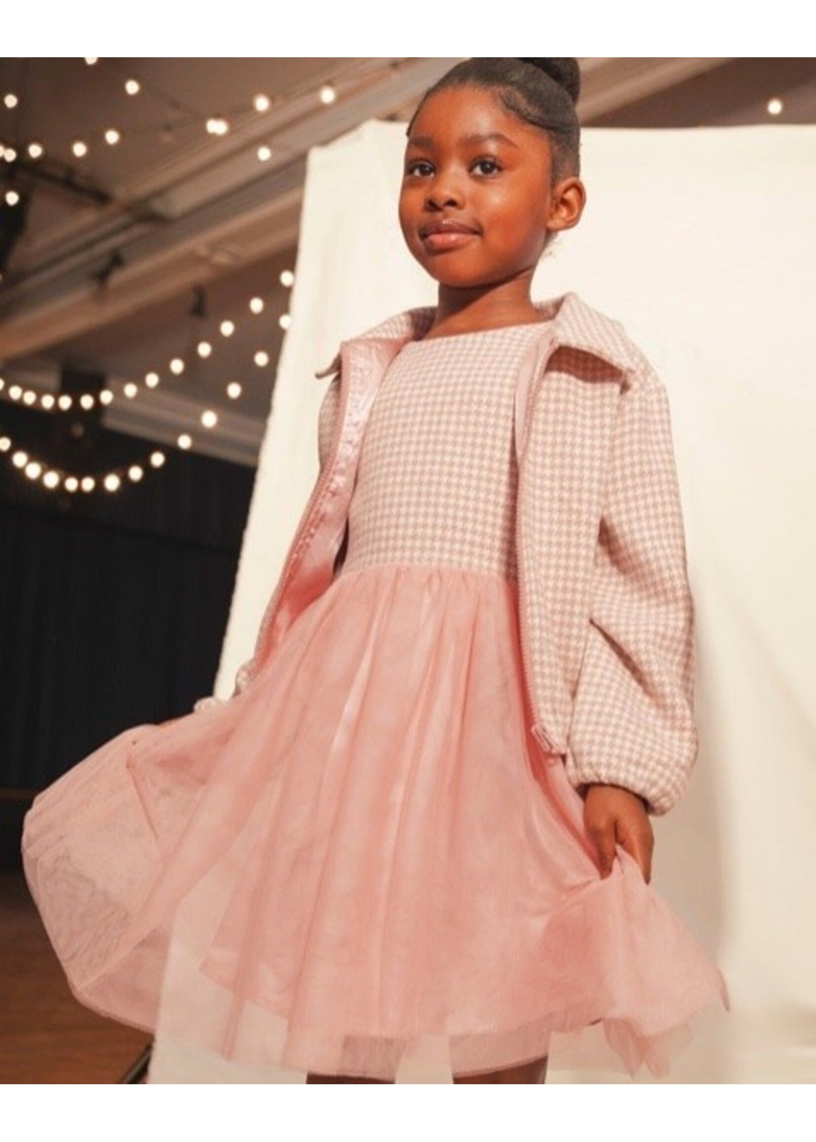 Deux Par Deux Deux Par Deux, Bi-Material Sleeveless Dress || Pink Houndstooth