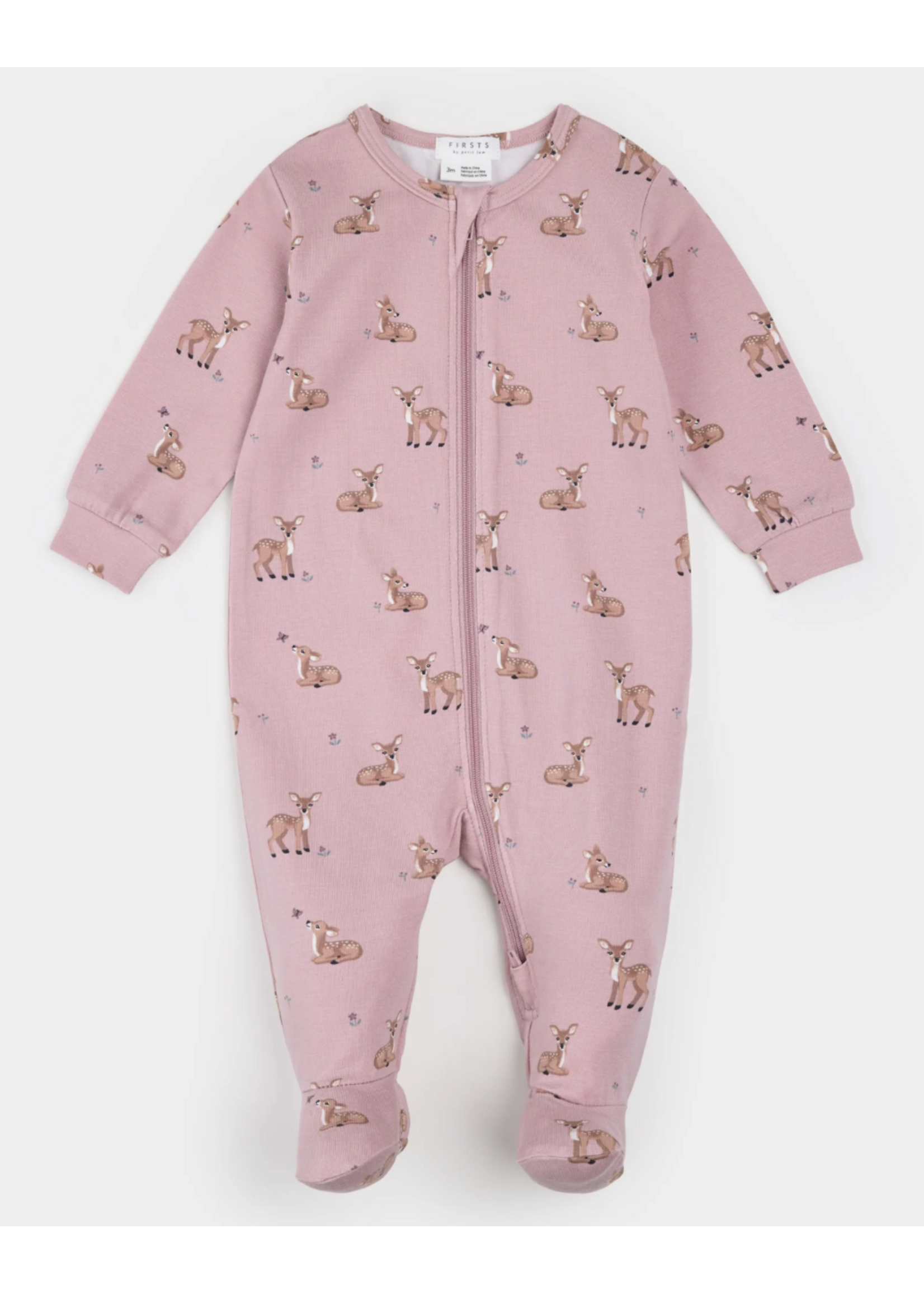 Petit Lem Petit Lem  Fall Fawn Print Luna Knit Footed Sleeper || Twilight Pink