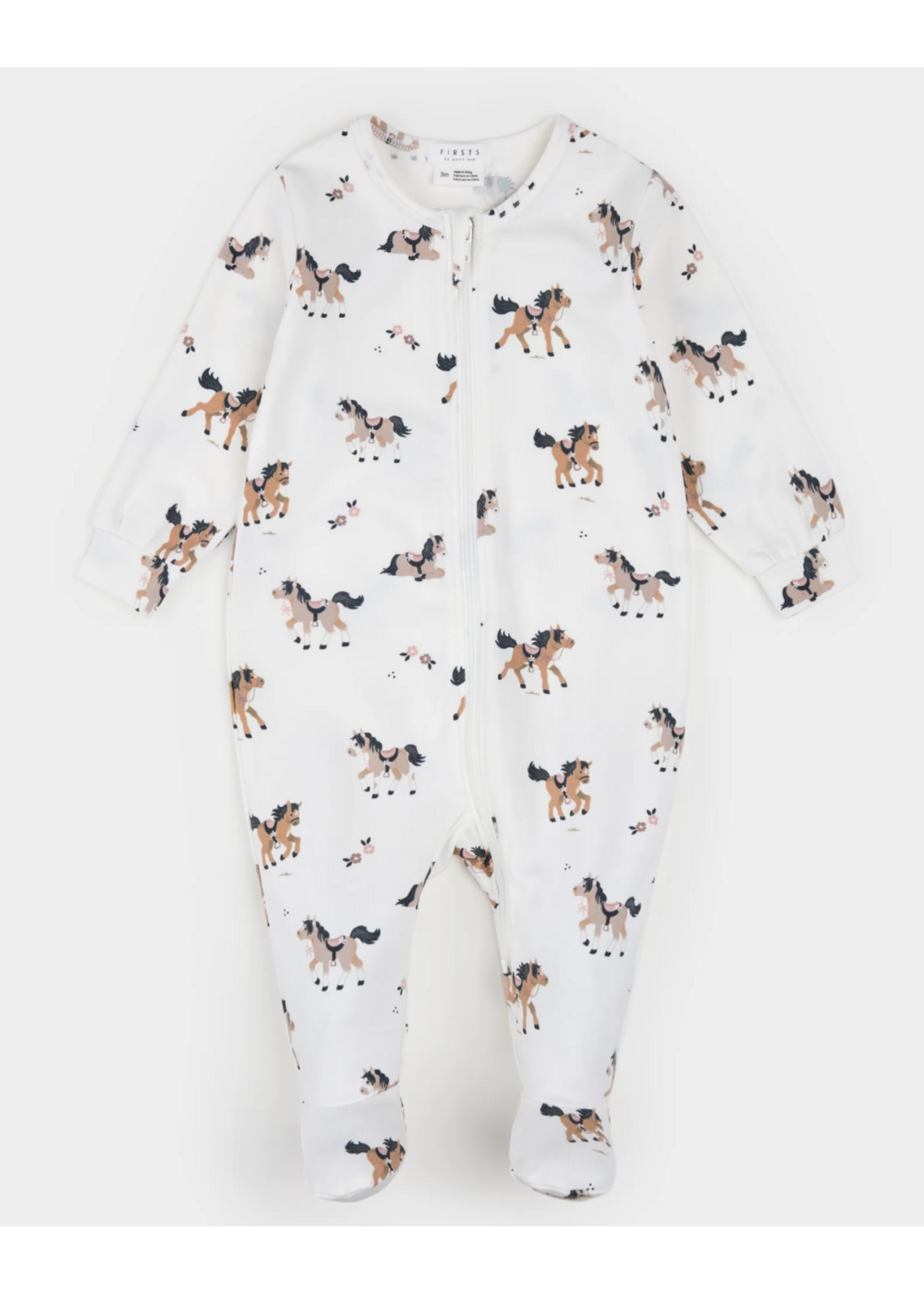 Petit Lem Petit Lem Pony Print Luna Knit Footed Sleeper || Off-White