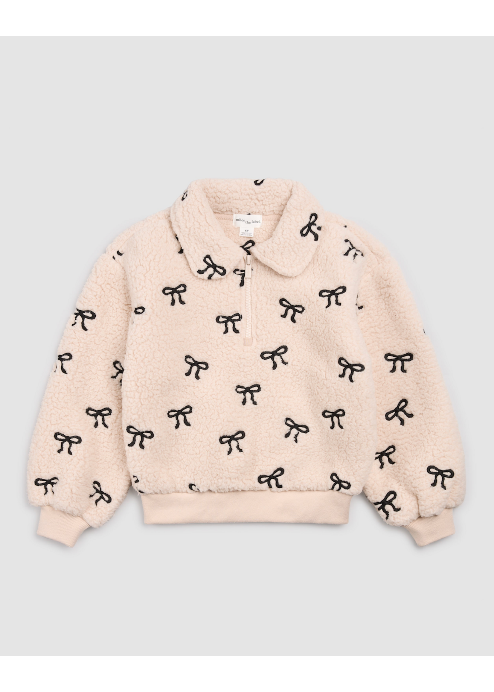 Miles the Label Miles the Label, Bows Embroidered Sherpa Half-Zip Pull-Over || Almond