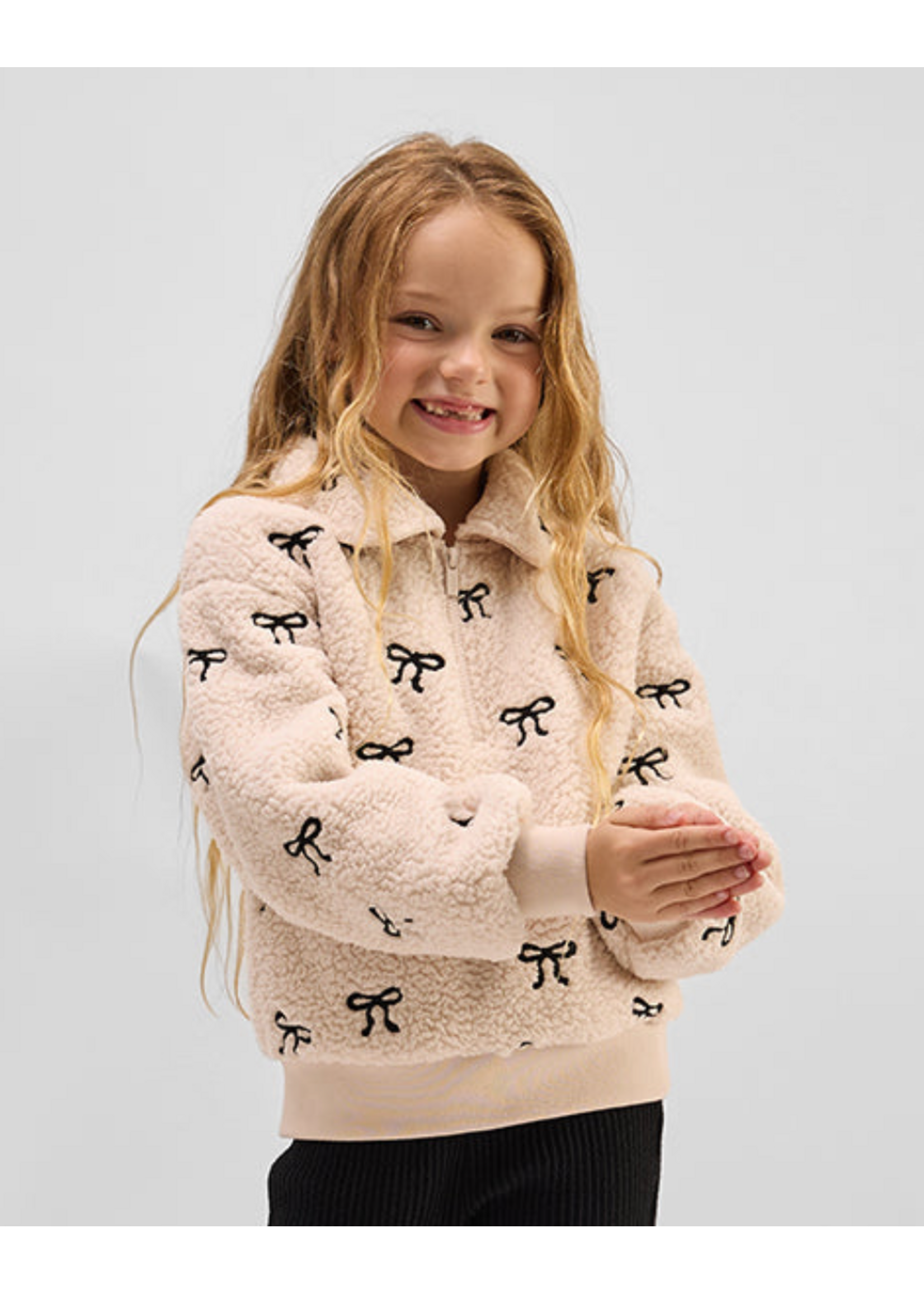 Miles the Label Miles the Label, Bows Embroidered Sherpa Half-Zip Pull-Over || Almond