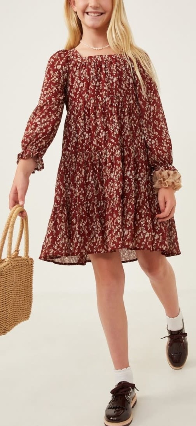 Girls Floral Puff Sleeves Dress M & M