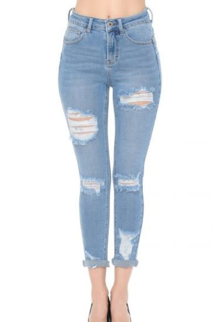 Push Up Distressed Capri Stretch Jeans