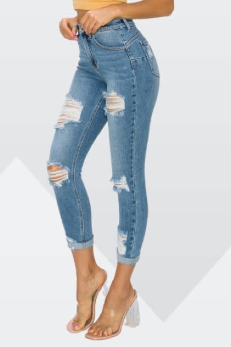 Push Up Distressed Capri Stretch Jeans