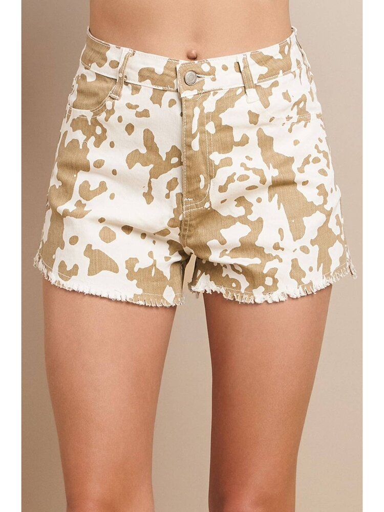 Cow Print Distressed Denim Shorts