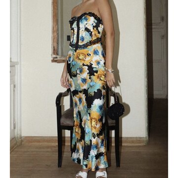 Floral Elegance Lace Trim Long Dress