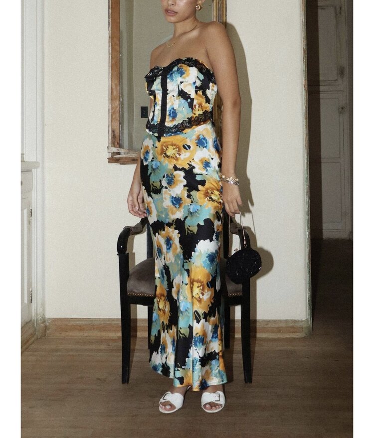 Floral Elegance Lace Trim Long Dress