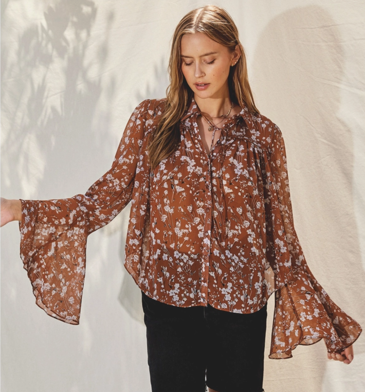Floral Sleeve Button Down Top