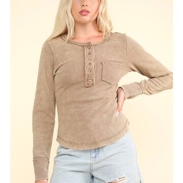 Button Down Washed Waffle Knit Top