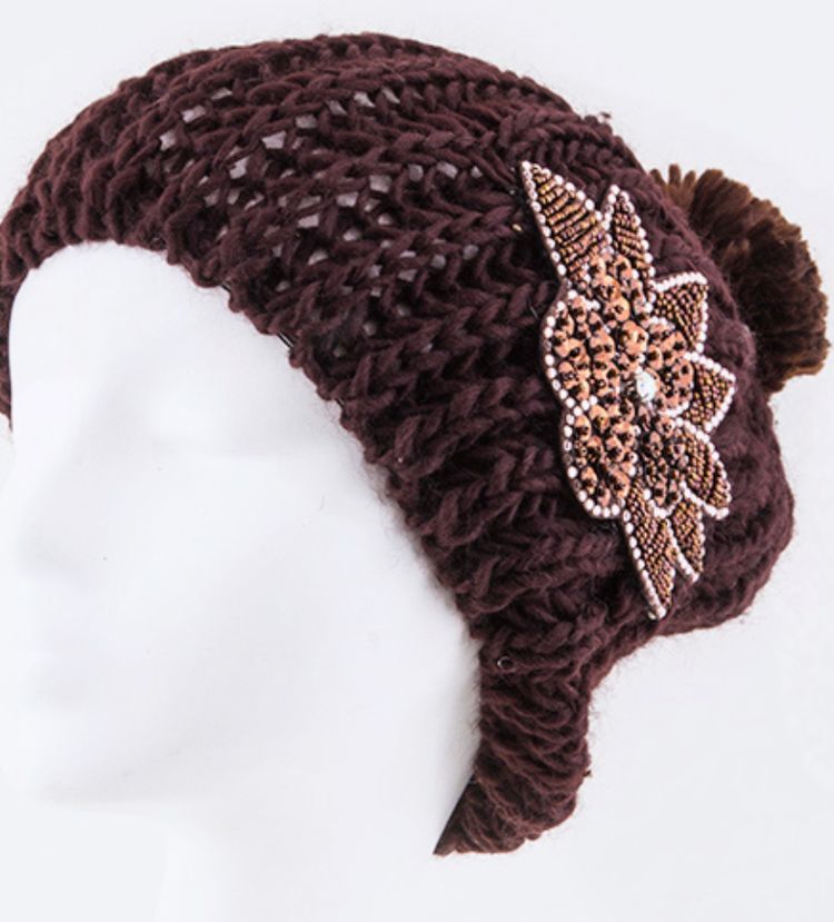 Beaded Lotus Beanie Brown OSM