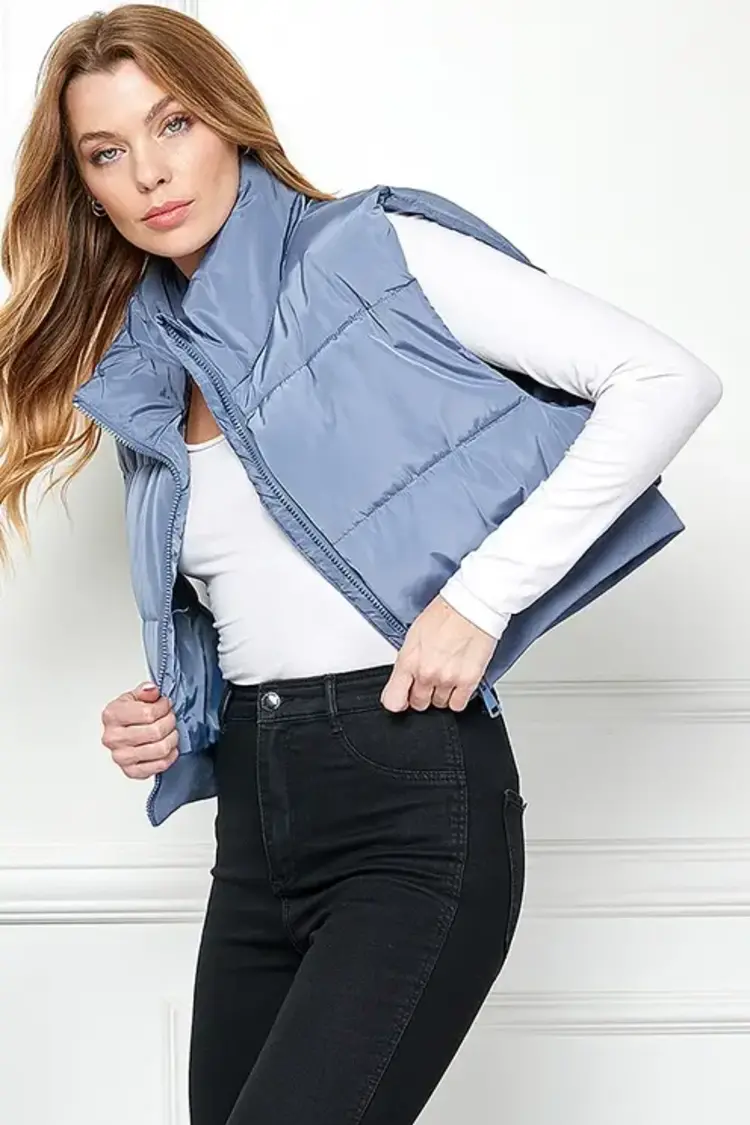 Cropped Puffer Vest w/Elastic Waist