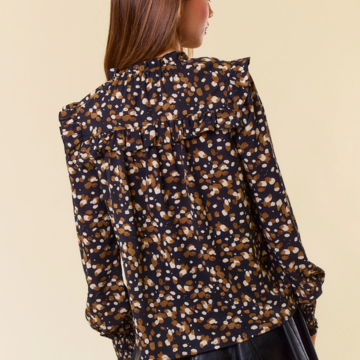 Abstract V-Neck Smocked Cuff Blouse