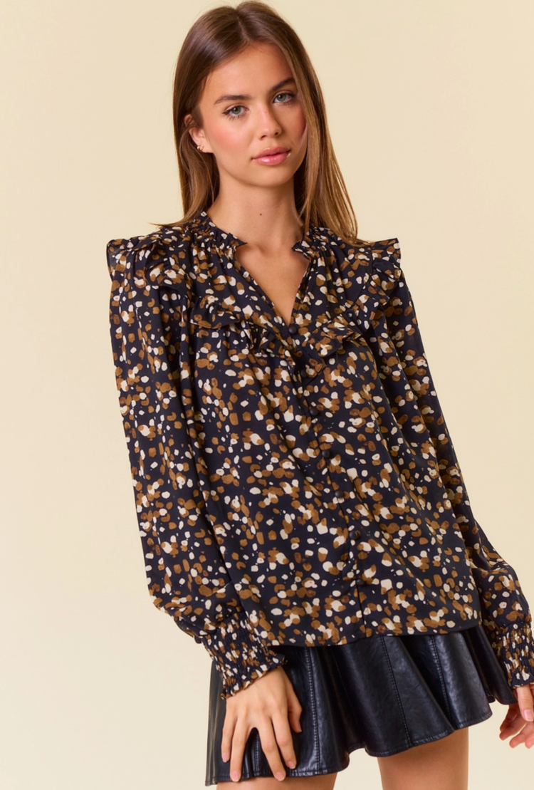 Abstract V-Neck Smocked Cuff Blouse