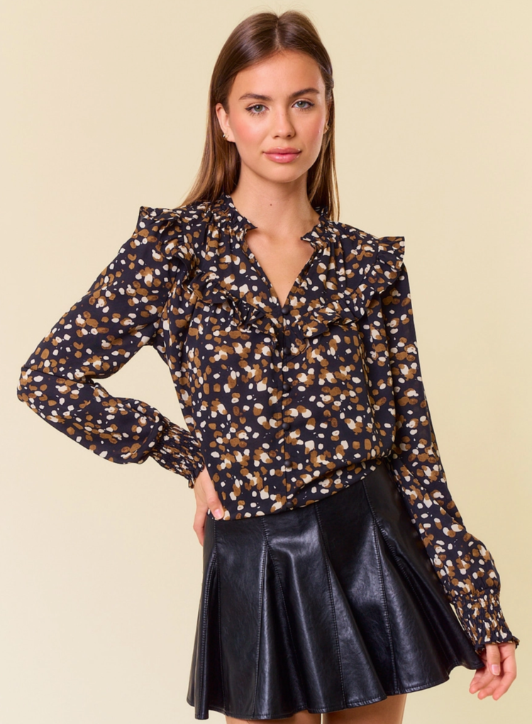 Abstract V-Neck Smocked Cuff Blouse