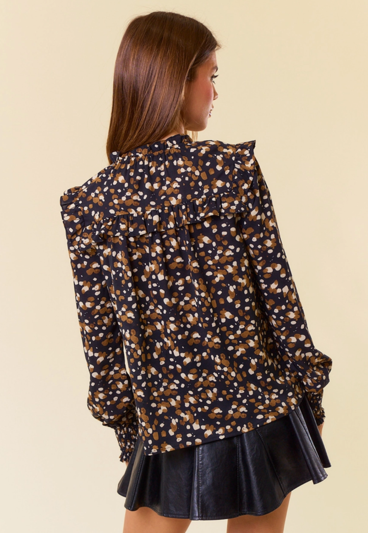 Abstract V-Neck Smocked Cuff Blouse