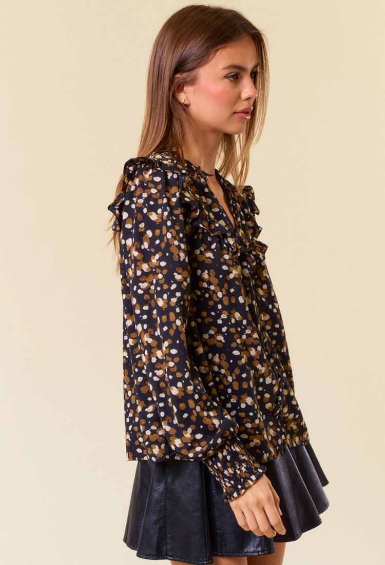 Abstract V-Neck Smocked Cuff Blouse