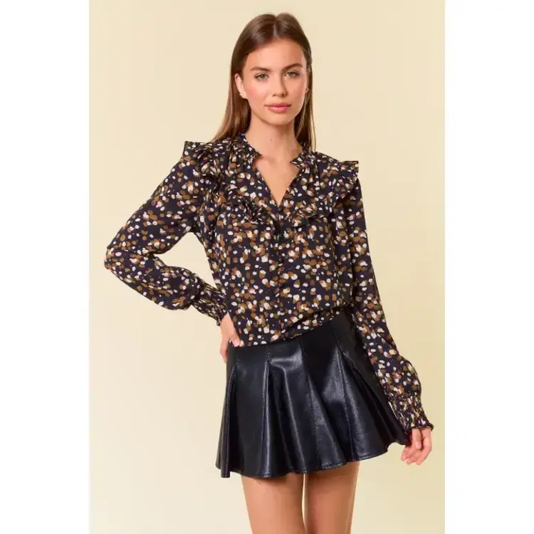 Abstract V-Neck Smocked Cuff Blouse