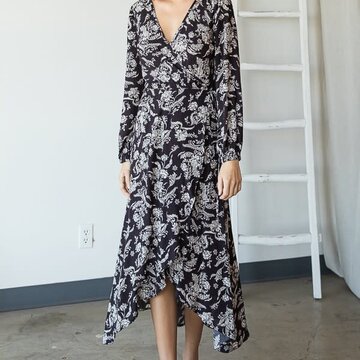 Floral Elastic Cuff Wrap Midi Dress