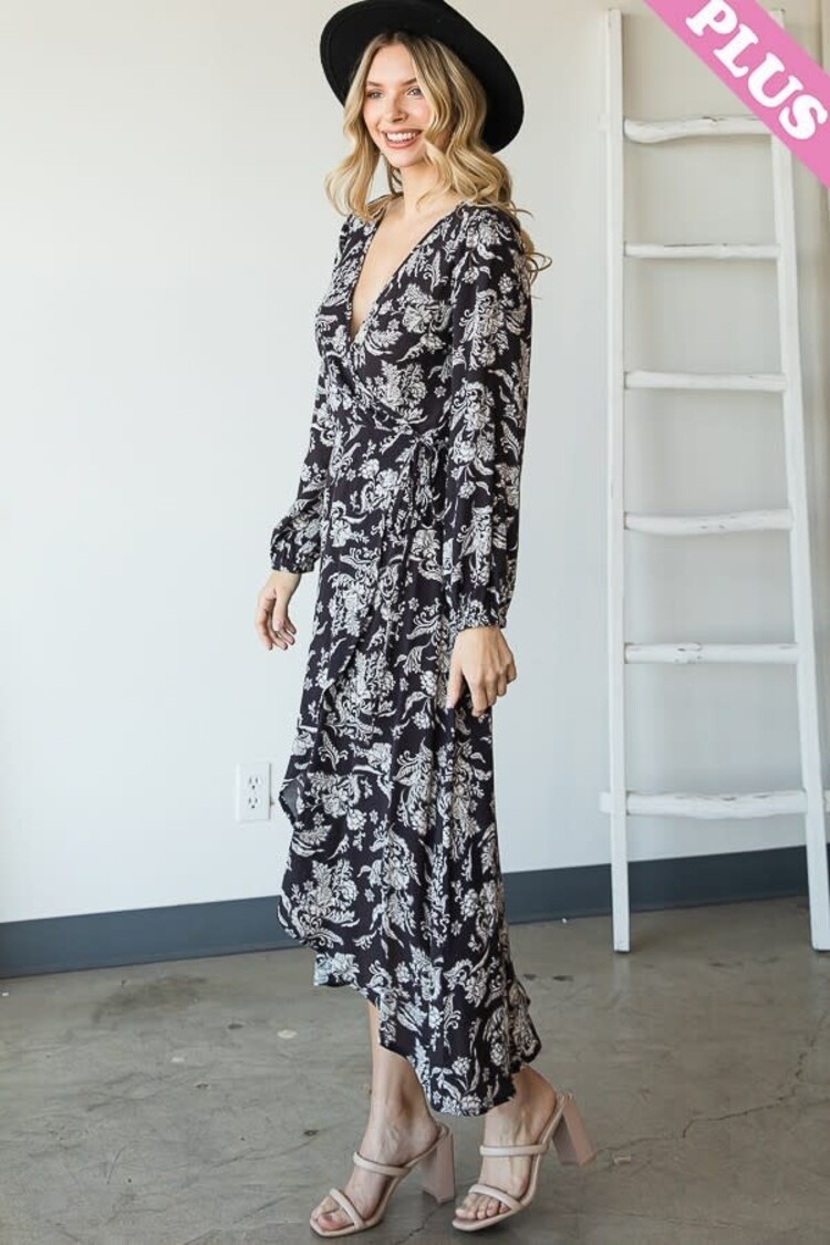 Floral Elastic Cuff Wrap Midi Dress