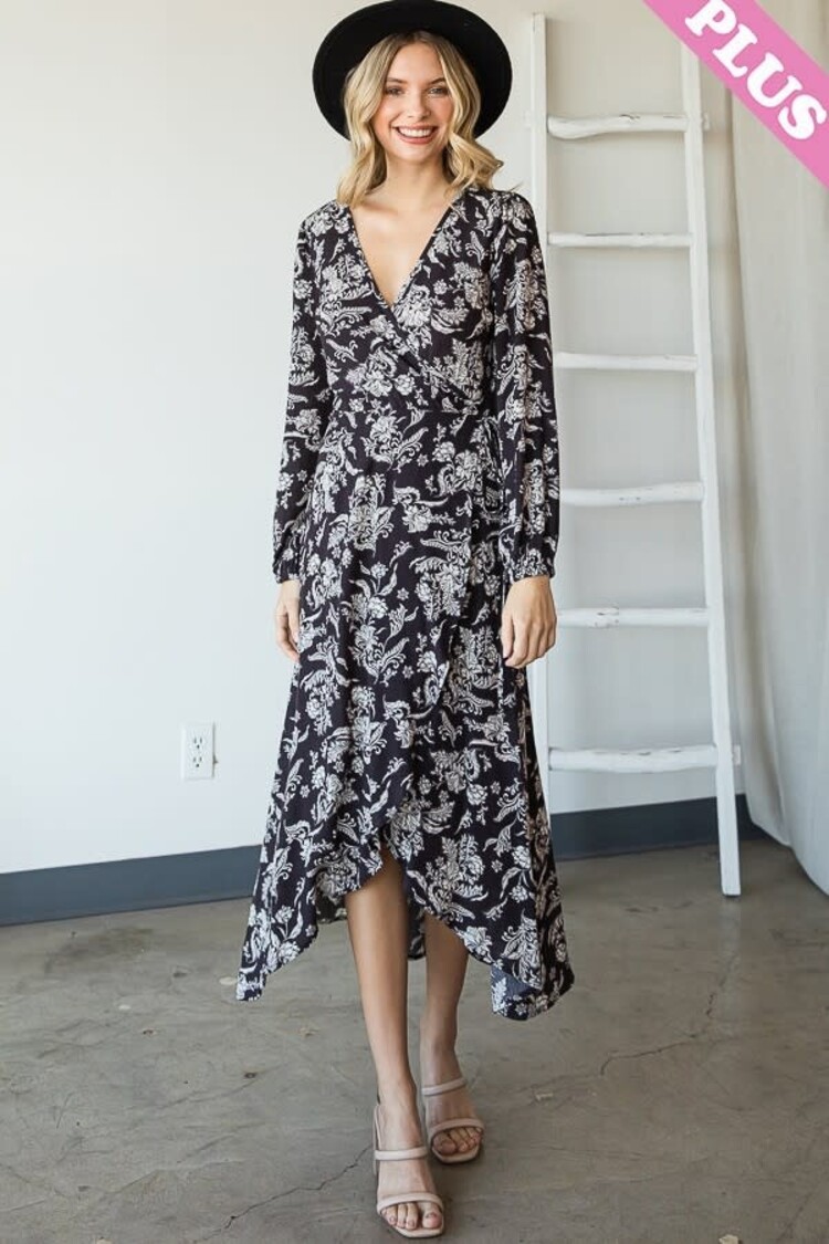 Floral Elastic Cuff Wrap Midi Dress