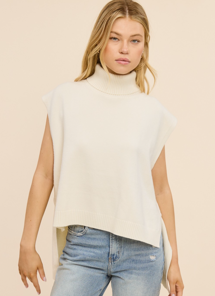 Hi-Low Sleeveless Turtleneck Sweater