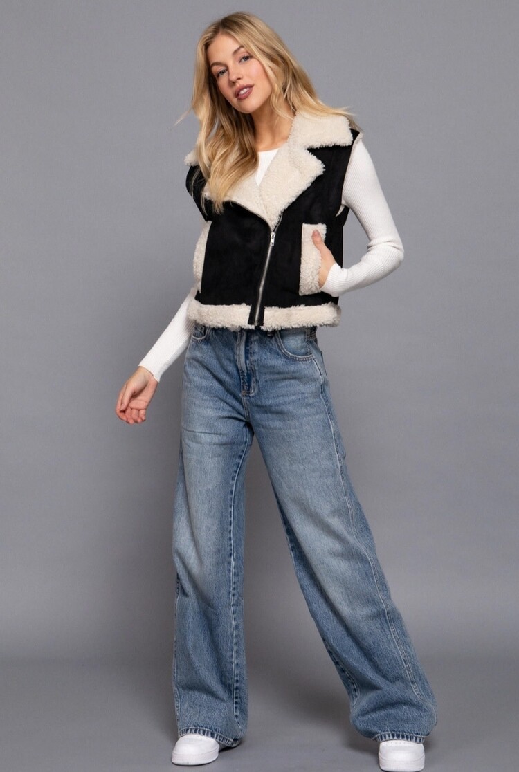 Faux Suede Inner Fur Zip Up Vest