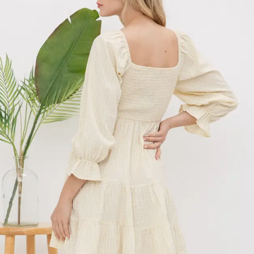 Gingham 3/4 Slv Smocked Mini Dress