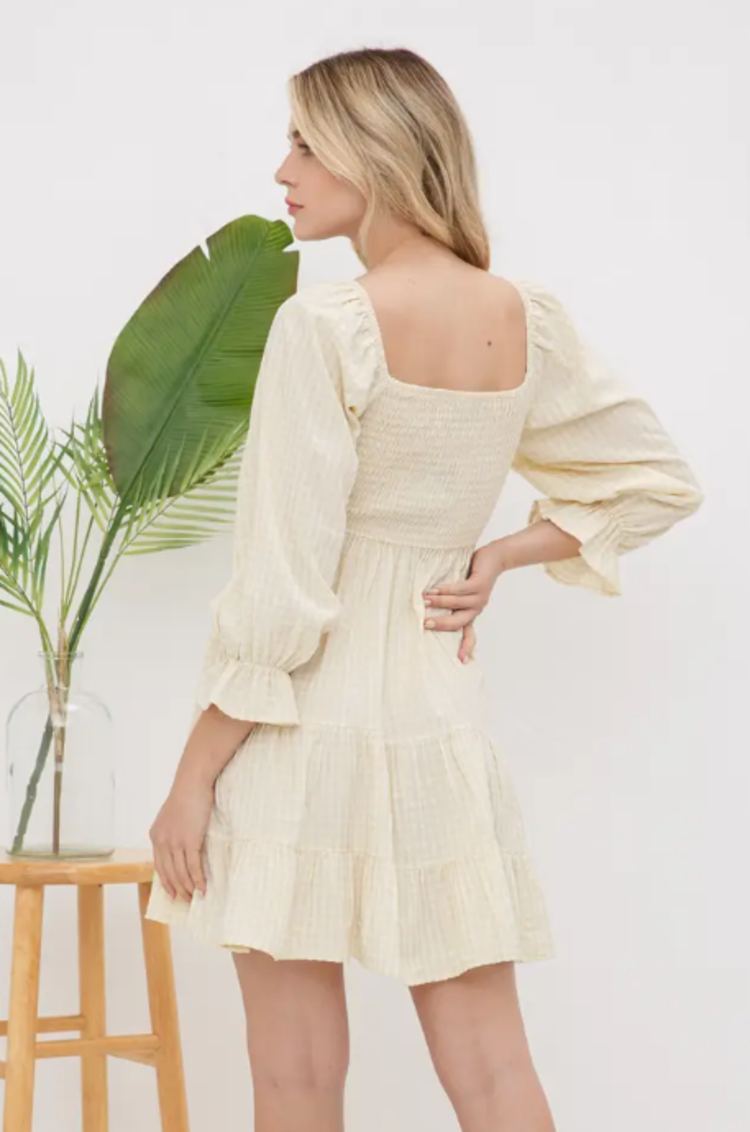 Gingham 3/4 Slv Smocked Mini Dress