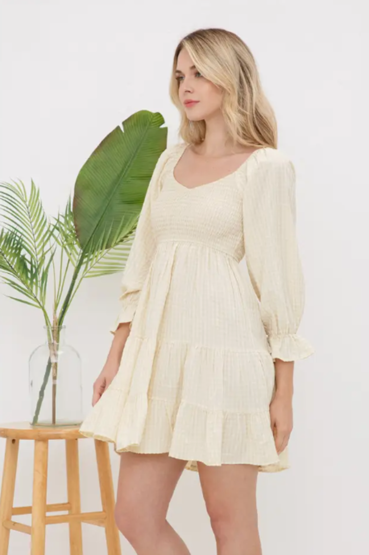 Gingham 3/4 Slv Smocked Mini Dress