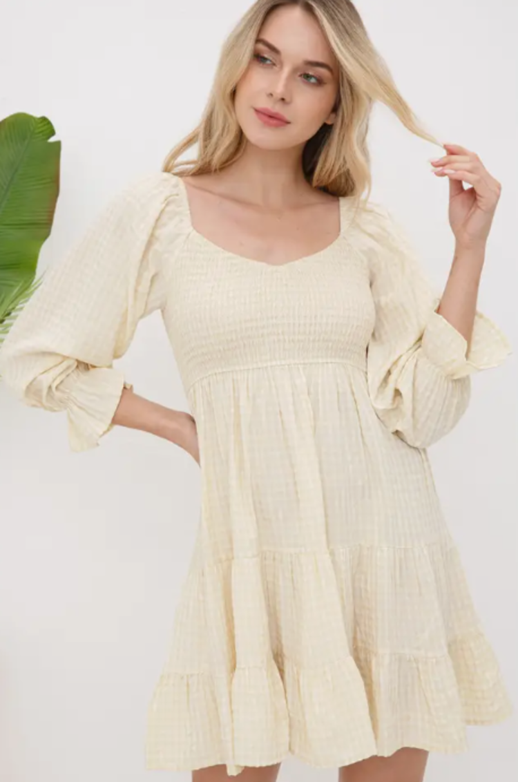 Gingham 3/4 Slv Smocked Mini Dress