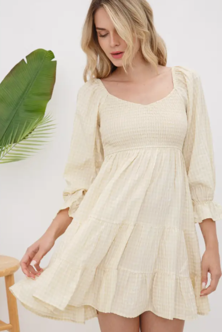 Gingham 3/4 Slv Smocked Mini Dress