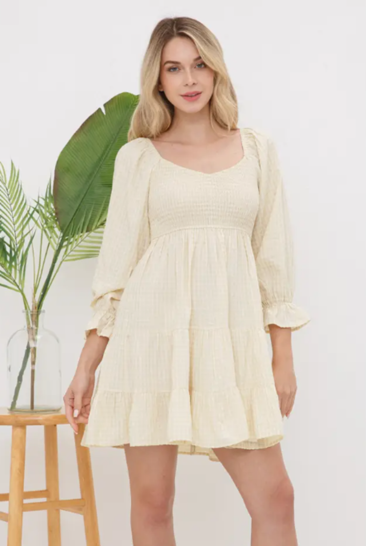 Gingham 3/4 Slv Smocked Mini Dress