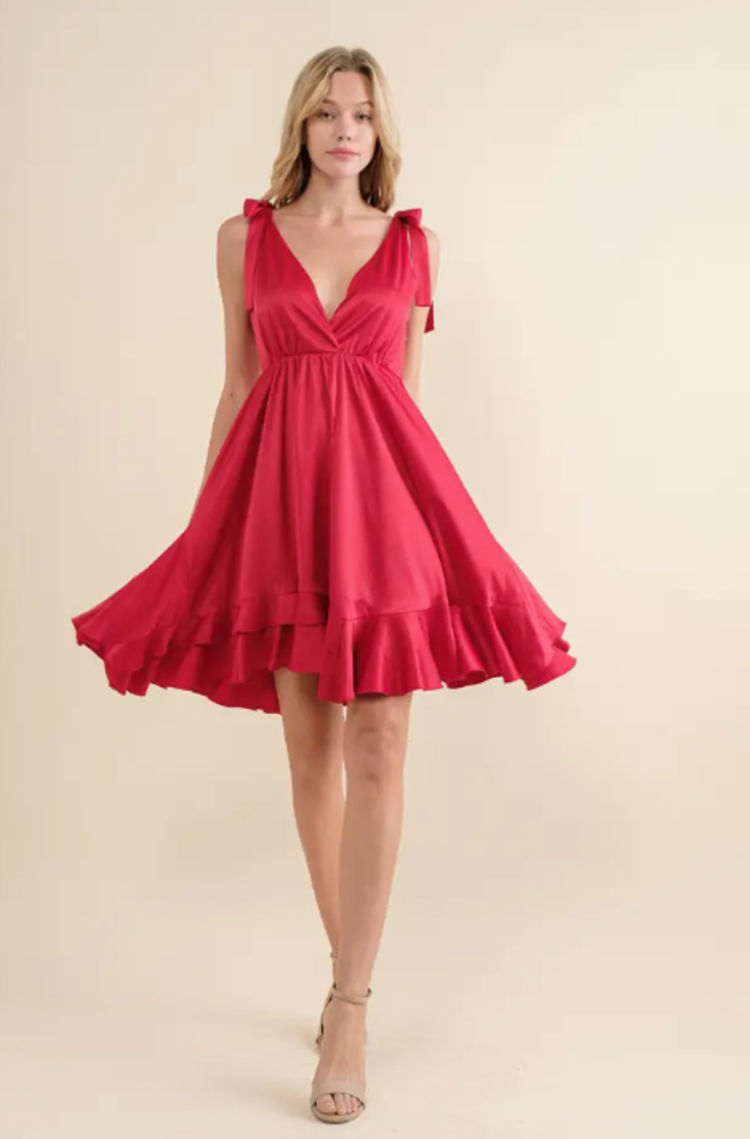 Satin Wrap Ruffle Mini Dress
