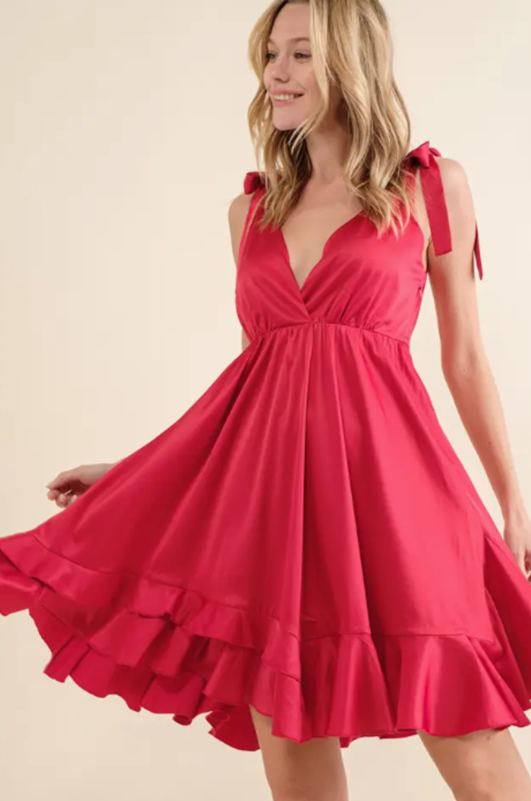 Satin Wrap Ruffle Mini Dress