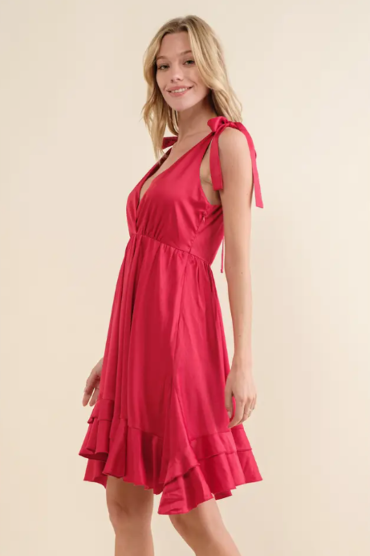 Satin Wrap Ruffle Mini Dress