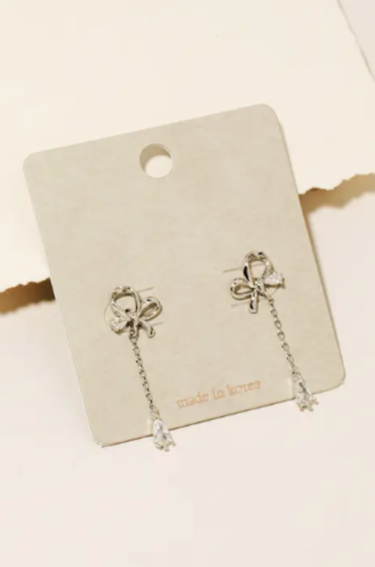 Chain Dangle Rhinestone Bow Earrings Silver