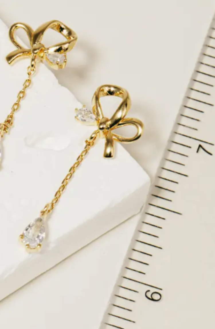 Chain Dangle Rhinestone Bow Earrings Silver