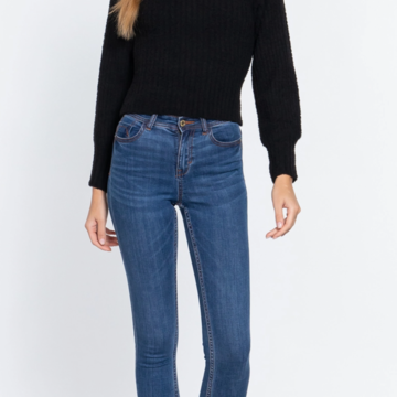 Long Puff Sleeve V-Neck Rib Sweater Top