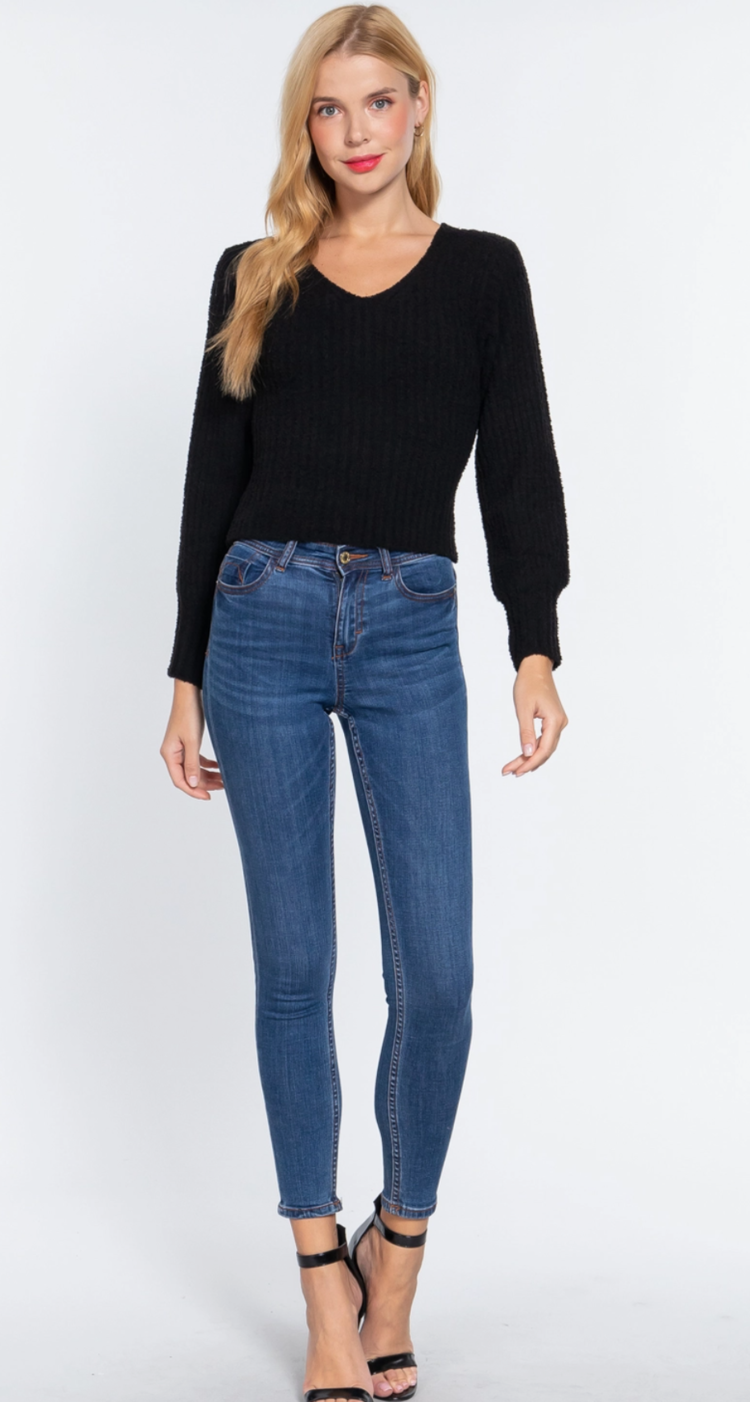 Long Puff Sleeve V-Neck Rib Sweater Top