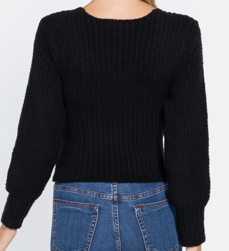 Long Puff Sleeve V-Neck Rib Sweater Top