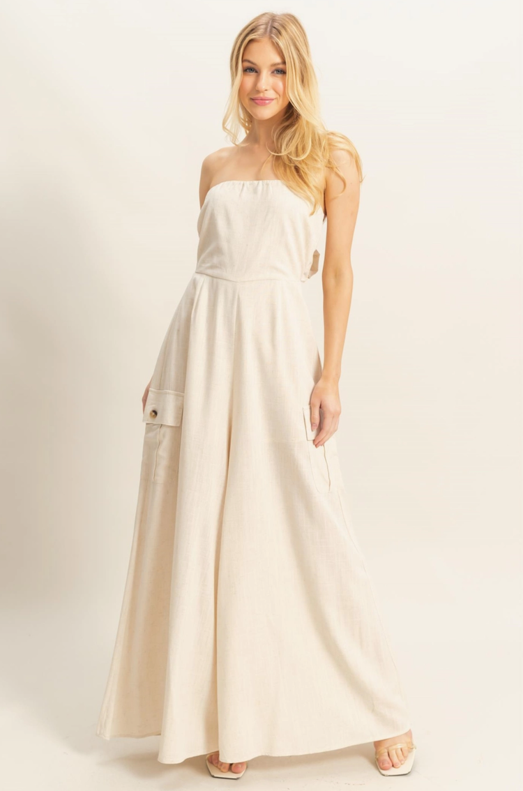 Strapless Cargo Style Tube Top Jumpsuit