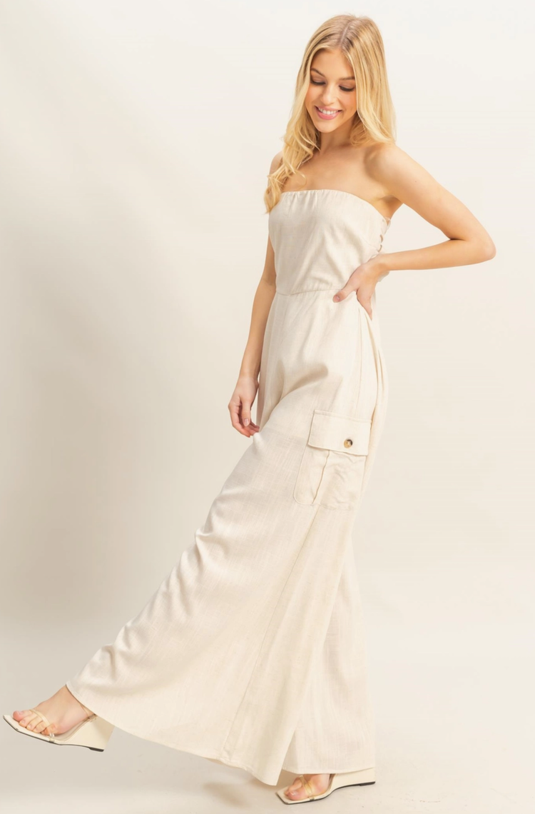 Strapless Cargo Style Tube Top Jumpsuit
