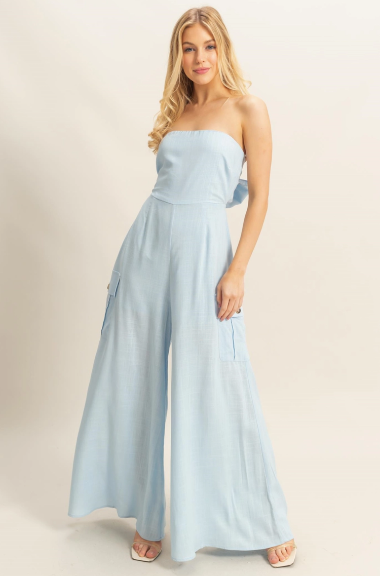 Strapless Cargo Style Tube Top Jumpsuit