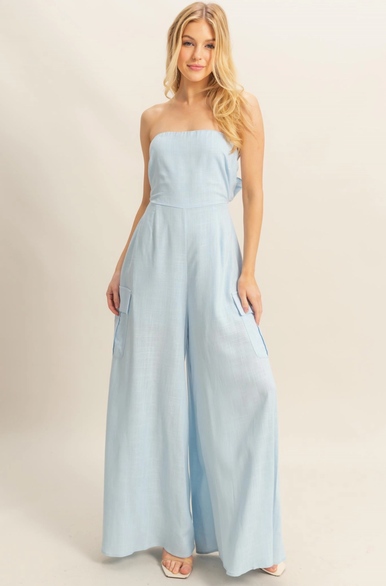Strapless Cargo Style Tube Top Jumpsuit