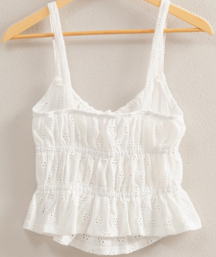 Eyelet Knit Ruched Sleeveless Tank Top
